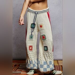 POL Granny Square Patchwork Cable Knit Chenille Sweater Jogger Pants